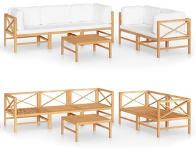 Set mobilier gradina cu perne crem, 6 piese, lemn masiv de tec Crem, 4x colt + mijloc + masa, 1