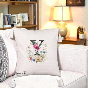 Cadou Personalizat - Perna Personalizata Monograma Florala Litera Y cu Coroana, 40x40 cm, Bej cu Franjuri, Husa Detasabila, Perna Inclusa, BEKZ®