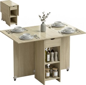 HOMCOM Masă pliabilă pentru 2-4 persoane, masă cu roți și compartiment deschis și sertar, ideală pentru spații mici, lemn natural | Aosom Romania