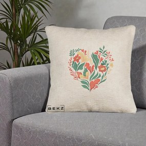 Perna Decorativa Inima Florala Botanica, 40x40 cm, Bej Canapea, Husa Detasabila, Perna Inclusa, BEKZ®