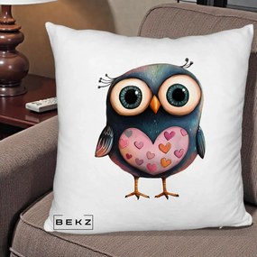 Perna Decorativa Bufnita cu Inimioare Roz, 40x40 cm, Alb Pufos, Husa Detasabila, Perna Inclusa, BEKZ®
