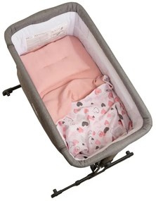 Lenjerie de vara din muselina pentru co-sleeper Kidizi Pink Hearts, include cearceaf, perna si paturica cu doua fete, bumbac 100%