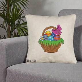 Perna Decorativa Cos cu Oua de Pasti Colorat, 40x40 cm, Bej Canapea, Husa Detasabila, Perna Inclusa, BEKZ®