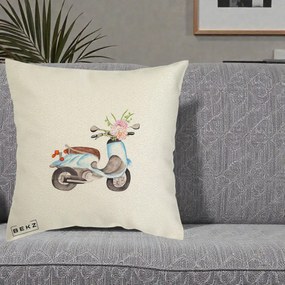 Perna Decorativa Scuter Albastru cu Flori Acuarela, 40x40 cm, Ecru, Husa Detasabila, Perna Inclusa, BEKZ®