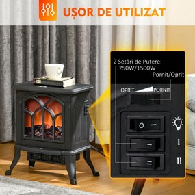 HOMCOM Șemineu Electric 750/1500 W cu Efect de Flacără Acoperire 15-20 m², Negru | Aosom Romania