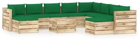 Set mobilier gradina cu perne, 11 piese, lemn verde tratat green and brown, 11
