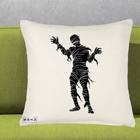 Perna Decorativa Mormii Infricosat Silueta Neagra Halloween, 40x40 cm, Crem Reliefat, Husa Detasabila, Perna Inclusa, BEKZ®