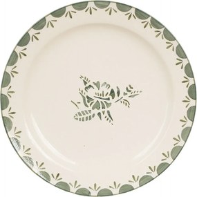 Farfurie din ceramică artizanală, natur, cu motiv floral pictat manual în verde și bordură decorativă, 26 cm, „Marion Flower"
