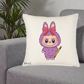 Perna Personalizata Labubu Mov cu Funda Rosie si Creion, 40x40 cm, Crem Reliefat, Husa Detasabila, Perna Inclusa, BEKZ®
