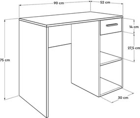 Birou Modern Adore Concept cu Sertar și 2 Rafturi, Alb - Maro - Stejar - Antracit, 90x52x75 cm