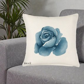 Perna Decorativa Trandafir Albastru Acuarela, 40x40 cm, Crem Reliefat, Husa Detasabila, Perna Inclusa, BEKZ®
