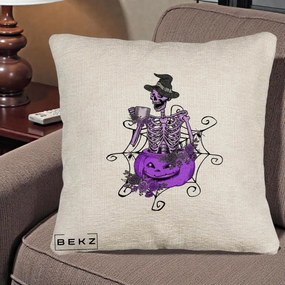 Perna Decorativa Schelet Vrajitor cu Dovleac Violet Halloween, 40x40 cm, Bej Canapea, Husa Detasabila, Perna Inclusa, BEKZ®