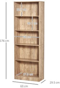 HOMCOM Bibliotecă Etajeră cu 5 Niveluri pentru Cărți cu 3 Rafturi Reglabile Antirăsturnare Depozitare pentru Living Birou Studiu 63x29,5x176 cm Lemn Natural | Aosom Romania