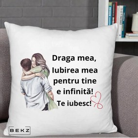 Cadou pentru Iubita - Perna Personalizata Draga Mea Iubirea Mea Infinita Te Iubesc cu Cuplu Acuarela, 40x40 cm, Alb Pufos, Husa Detasabila, Perna Inclusa, BEKZ®