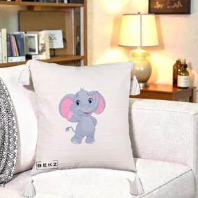 Perna Decorativa Pui de Elefant Kawaii, 40x40 cm, Bej cu Franjuri, Husa Detasabila, Perna Inclusa, BEKZ®