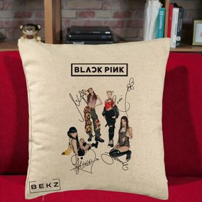 Perna Personalizata K-pop BLACKPINK Fotografie Grup Autografe Toate Membre, 40x40 cm, Bej, Husa Detasabila, Perna Inclusa, BEKZ®