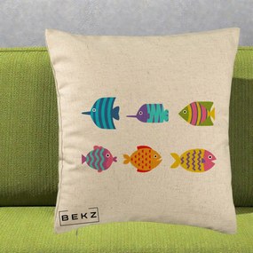 Perna Decorativa Pesti Colorati Cartoon, 40x40 cm, Bej, Husa Detasabila, Perna Inclusa, BEKZ®