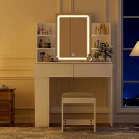 Masuta machiaj cu Oglinda LED si 2 Sertare pentru Cosmetice, Set Masa toaleta 90 cm, Alb / Negru / Roz, masuta cosmetica, vanity - SER203