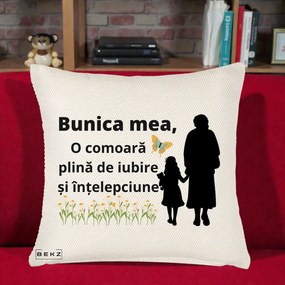 Cadou pentru Bunica - Perna Personalizata Bunica Mea Comoara Iubire Intelepciune Varianta Extinsa, 40x40 cm, Crem Reliefat, Husa Detasabila, Perna Inclusa, BEKZ®