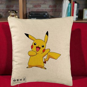 Perna Personalizata Pikachu Fericit, 40x40 cm, Bej, Husa Detasabila, Perna Inclusa, BEKZ®