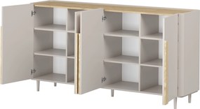 Comodă cu patru uși pe picioare Amilio 200 cm - cașmir / stejar uleiat / mânere stejar deschis