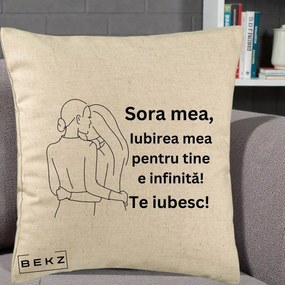 Cadou pentru Sora - Perna Personalizata Sora Mea Te Iubesc Imbratisare din Spate Line Art, 40x40 cm, Bej, Husa Detasabila, Perna Inclusa, BEKZ®