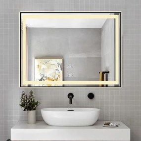 Oglindă Baie LED Elit's Premium cu Senzor de Miscare , Lumina Rece, Caldă și Neutră, 80x60cm, rama Neagra, Ceas