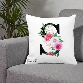 Cadou Personalizat - Perna Personalizata Monograma Florala Litera S, 40x40 cm, Alba Mata, Husa Detasabila, Perna Inclusa, BEKZ®