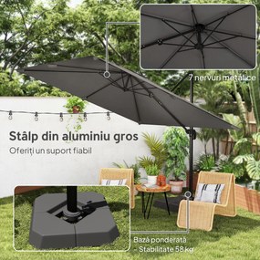 Outsunny Umbrelă Decentralizată de Grădină cu Manivelă 3x3m și Bază cu Greutăți Umplibile, Umbrelă de Exterior Pătrată Inclinabilă și Rotativă 360°, din Aluminiu pentru Terasă sau Piscină, UV30+, Gri Închis | Aosom Romania