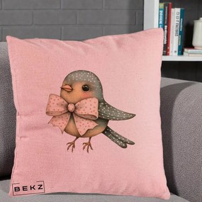Perna Decorativa Pasare Teal cu Fundita cu Buline, 40x40 cm, Roz, Husa Detasabila, Perna Inclusa, BEKZ®