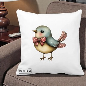 Perna Decorativa Pasare Bleu cu Fundita Rosie, 40x40 cm, Alba Mata, Husa Detasabila, Perna Inclusa, BEKZ®