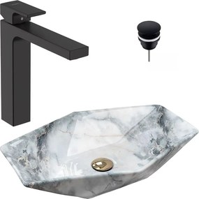 Pachet lavoar pe blat Rea Vegas granit 57 cm, baterie lavoar Hansgrohe Vernis Shape 190 negru si ventil lavoar Click-Clack D negru