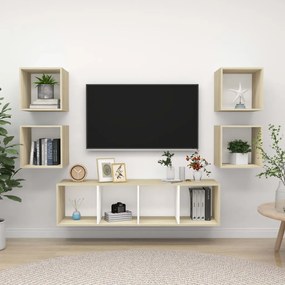 vidaXL Set de dulapuri TV, 5 piese, alb/stejar sonoma, lemn prelucrat