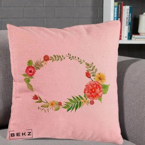 Perna Decorativa Coroana Florala Acuarela, 40x40 cm, Roz, Husa Detasabila, Perna Inclusa, BEKZ®