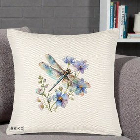 Perna Decorativa Libelula Acuarela Flori Albastre, 40x40 cm, Crem Reliefat, Husa Detasabila, Perna Inclusa, BEKZ®