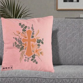 Perna Personalizata Cruce Florala Botez, 40x40 cm, Roz, Husa Detasabila, Perna Inclusa, BEKZ®