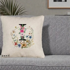 Cadou Personalizat - Perna Personalizata Monogram Litera I cu Flori Acuarela, 40x40 cm, Bej Canapea, Husa Detasabila, Perna Inclusa, BEKZ®