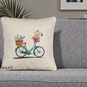 Perna Decorativa Bicicleta Florala Turcoaz Acuarela, 40x40 cm, Bej Canapea, Husa Detasabila, Perna Inclusa, BEKZ®