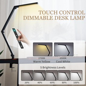 HOMCOM Lampă de Birou LED Dimmabilă cu Clește, Braț Reglabil și 2 Culori de Lumină, Negru | Aosom Romania