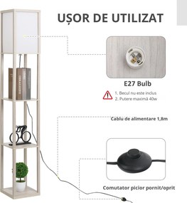 HOMCOM Lampă de podea cu rafturi integrate, Suport E27, 40W, Design Modern din MDF, 26x26x160cm, Stejar | Aosom Romania