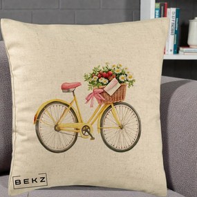 Perna Decorativa Bicicleta Galbena cu Cos de Flori Primavara, 40x40 cm, Bej, Husa Detasabila, Perna Inclusa, BEKZ®