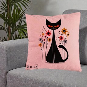 Perna Decorativa Pisica Neagra Ochi Rosii Flori, 40x40 cm, Roz, Husa Detasabila, Perna Inclusa, BEKZ®