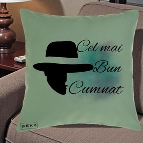 Cadou pentru Cumnat - Perna Personalizata Cel mai Bun Cumnat cu Silueta Palarie si Pete Teal-Roz, 40x40 cm, Verde, Husa Detasabila, Perna Inclusa, BEKZ®