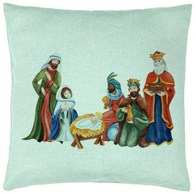 Perna Decorativa cu tematica de Craciun, Isus - Darul lui Dumnezeu, 40x40 cm, Verde Menta, Husa Detasabila, Burduf