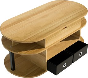 Masă de cafea cu mecanism de ridicare, spațiu de depozitare și sertare textile negre, 105x50x45 cm, Culoare naturală