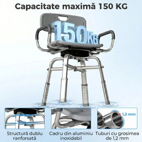 HOMCOM Scaun de Duș Rotativ cu Înălțime Reglabilă, Brațe și Spătar, Capacitate 150 kg, Gri | Aosom Romania