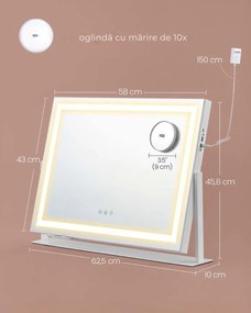 Oglindă cosmetică DAHLIA cu iluminare LED, 10x62,5x45,8 cm, alb SongmicsHome