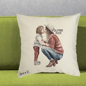 Cadou pentru Mama - Perna Personalizata Super Mom Acuarela, 40x40 cm, Ecru, Husa Detasabila, Perna Inclusa, BEKZ®