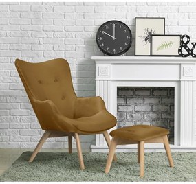 Fotoliu cu taburet galben muștar cu tapițerie din catifea Niko – Ropez