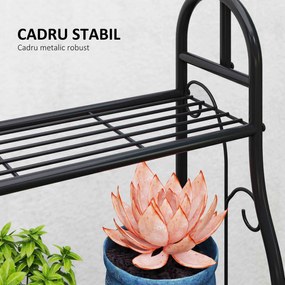 Outsunny Suport pentru Plante cu 3 Niveluri, cu Bară pentru Agățat și Cârlige, Raft Metalic pentru Ghivece și Flori, pentru Interior și Exterior, Balcon, Living, Dormitor, Negru | Aosom Romania